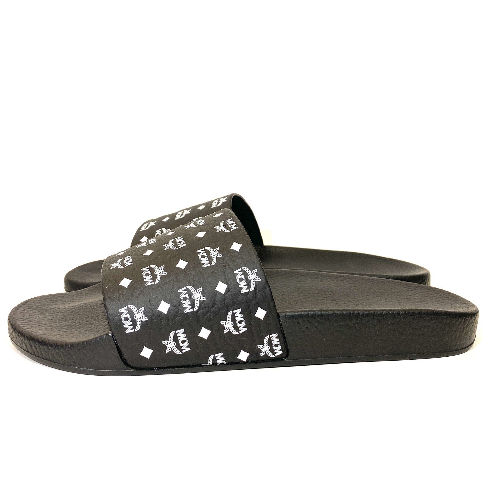 MCM Mens Monogram Logo Print Rubber Slides Sandals Black (MSRP $210)