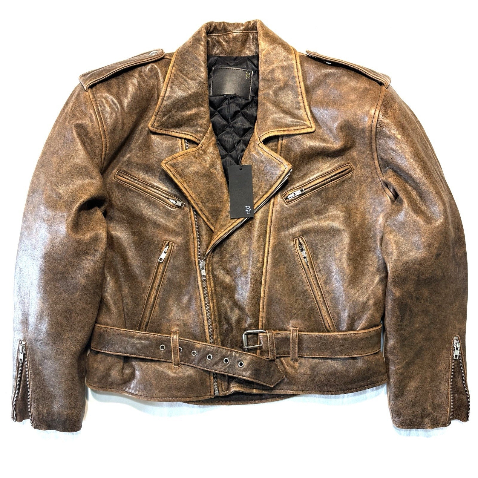 R13 Womens Exaggerated Shoulder Leather Motorcycle Jacket Brown M (MSRP $1,995)