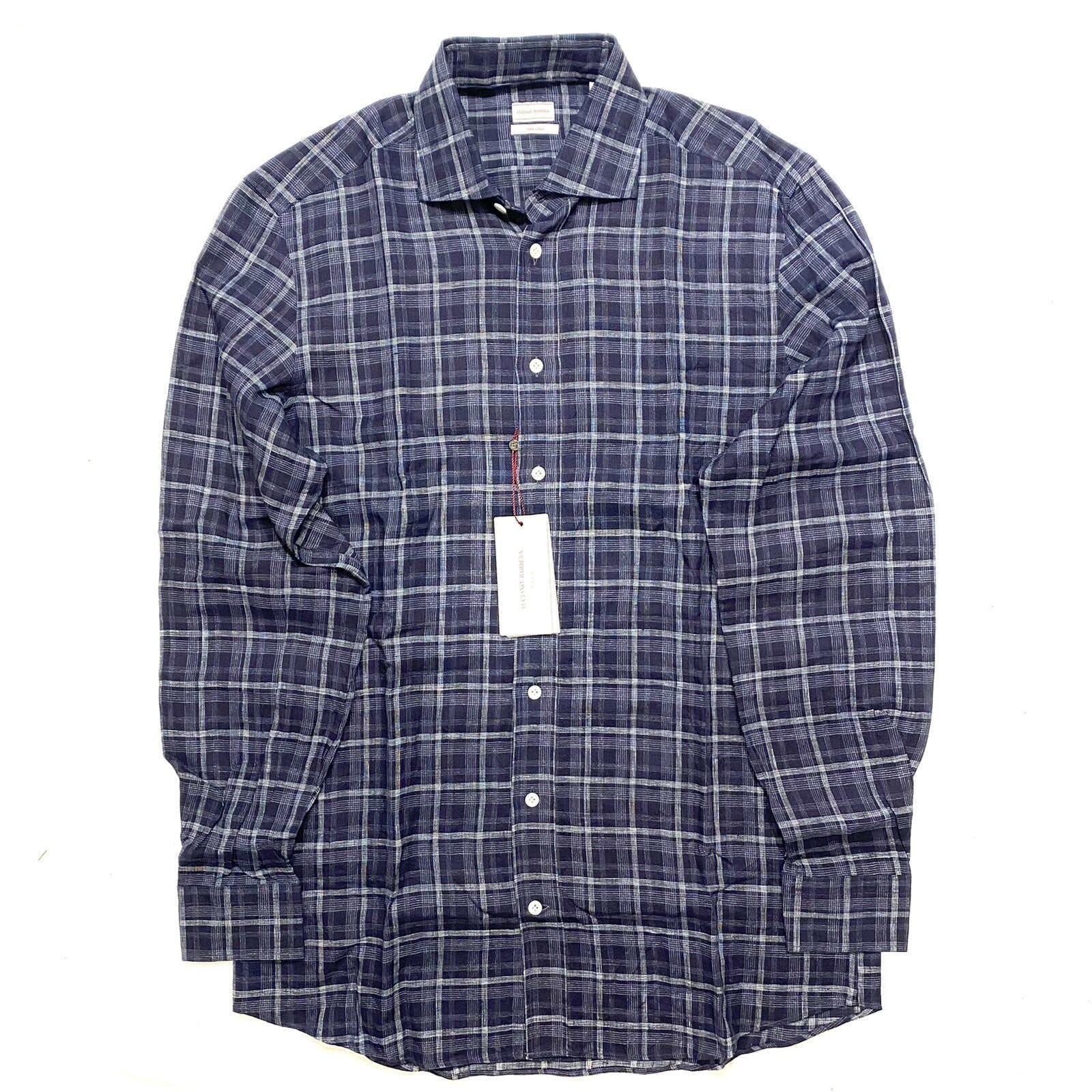 LUCIANO BARBERA Mens Linen Plaid Button Up Spread Collar Shirt Blue (MSRP $295)