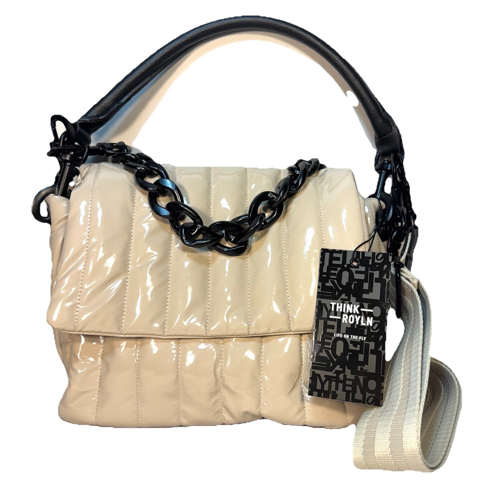 THINK ROYLN Bar Quilted Shoulder Crossbody Bag Patent Blonde Taupe (MSRP $168)
