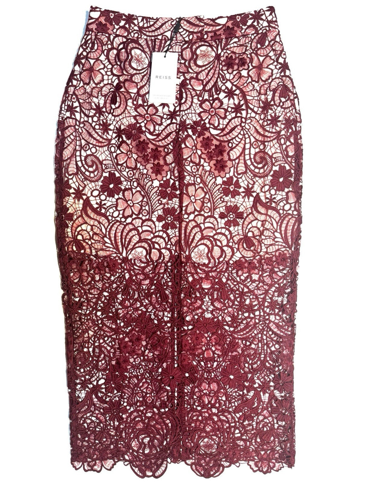REISS Womens Flo Floral Lace Lined Pencil Skirt Burgundy Red (MSRP $320)
