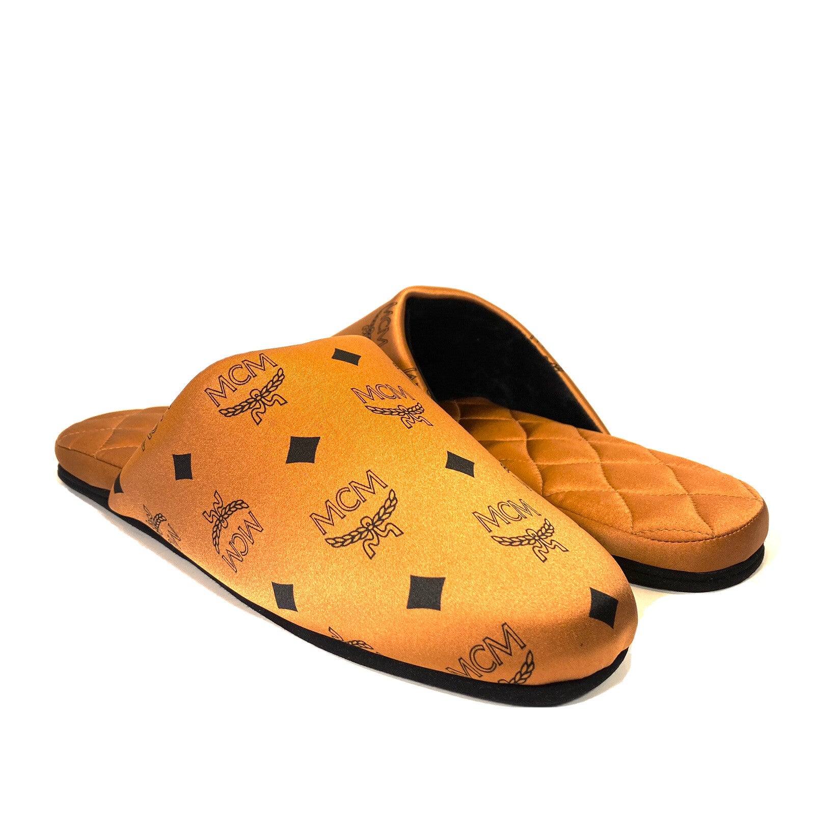 MCM Unisex Visetos Logo Silk Room Slippers Cognac Brown (MSRP $260)