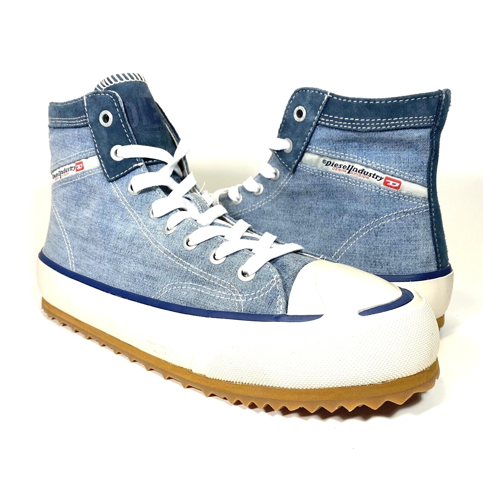 DIESEL Mens Principia Mid Top Denim Logo Sneakers Light Blue (MSRP $225)