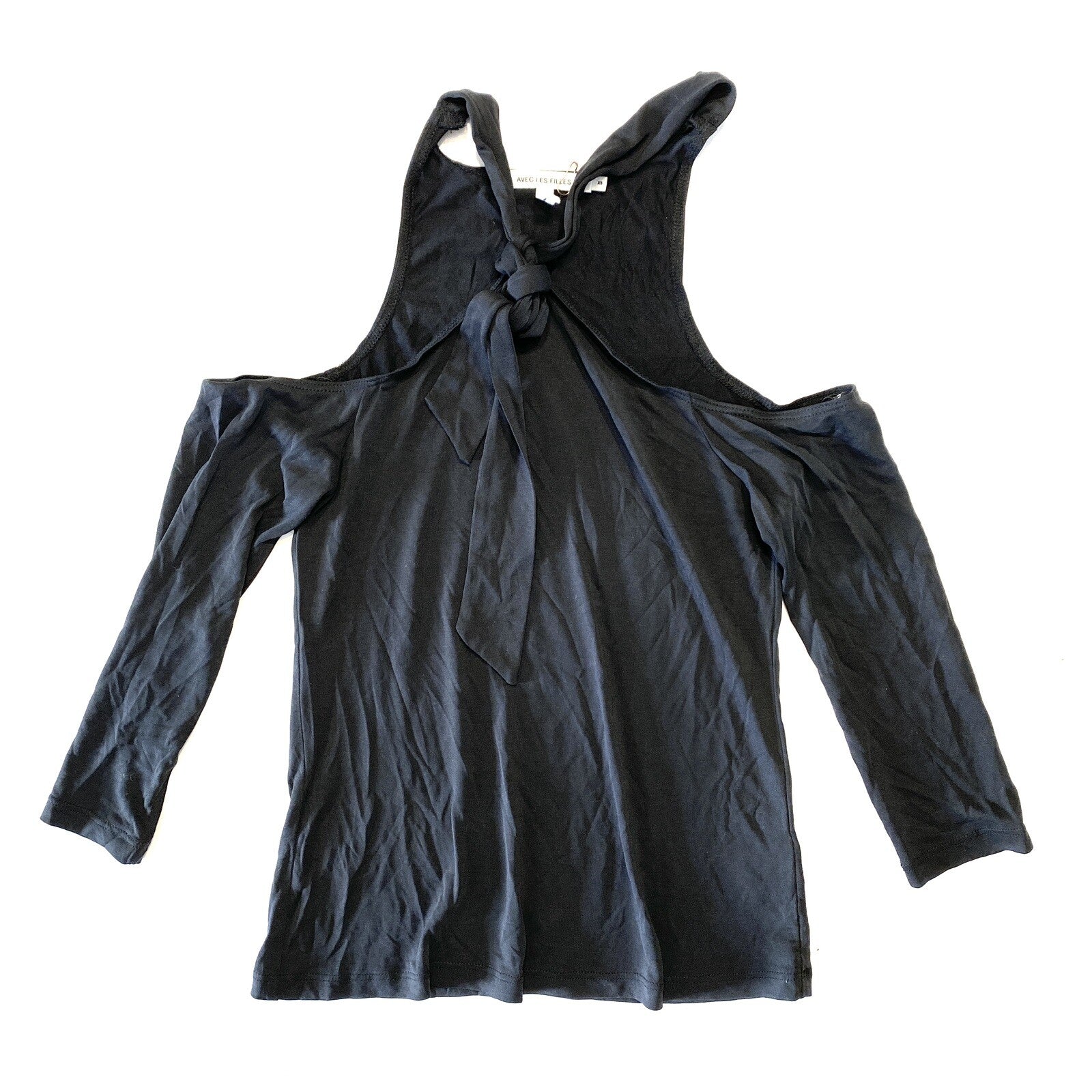 AVEC LES FILLES Womens Tie Strap Sleeve Jersey Top Black XS