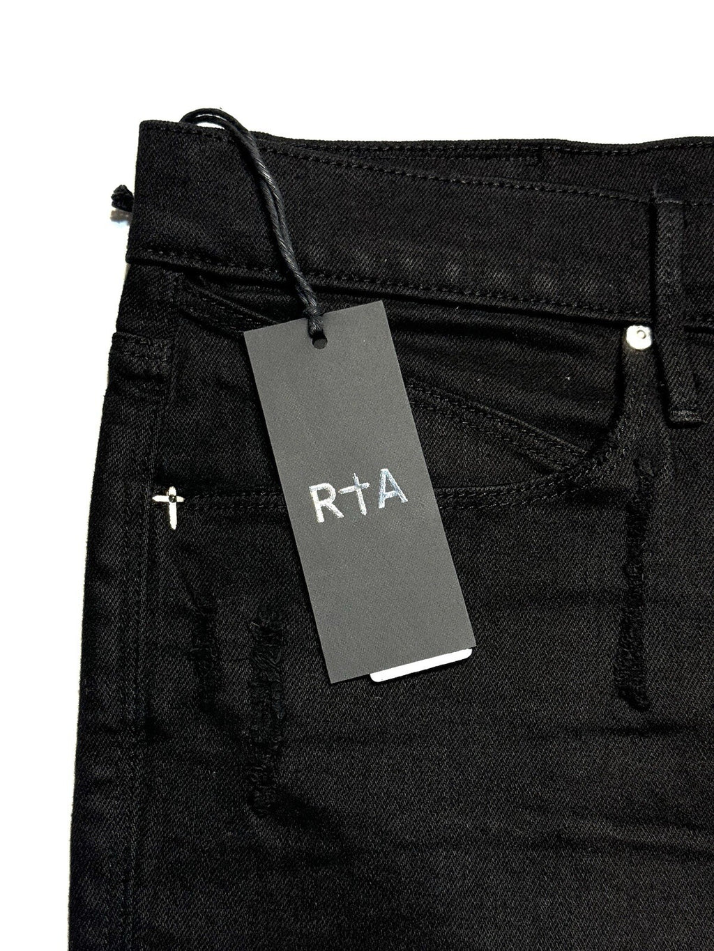 RtA Mens Clayton Mid Rise Pintuck Ripped Skinny Jeans Black 42 (MSRP $158)