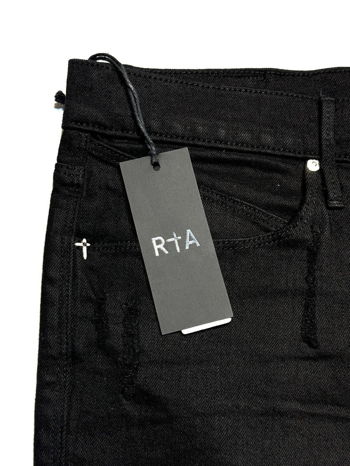 RtA Mens Clayton Mid Rise Pintuck Ripped Skinny Jeans Black 42 (MSRP $158)