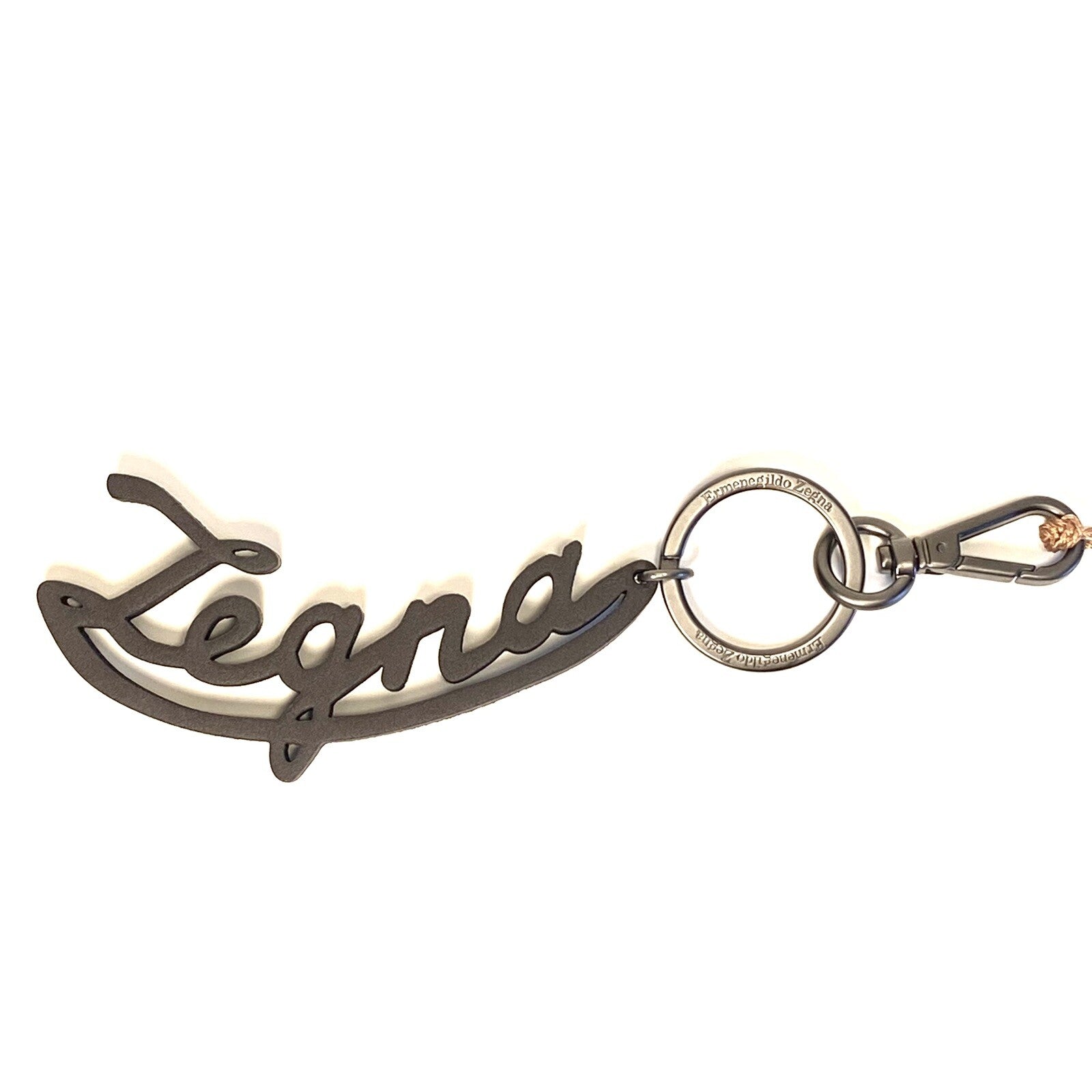 ZEGNA Logo Script Leather Key Ring Fob Keychain Gray (MSRP $230)