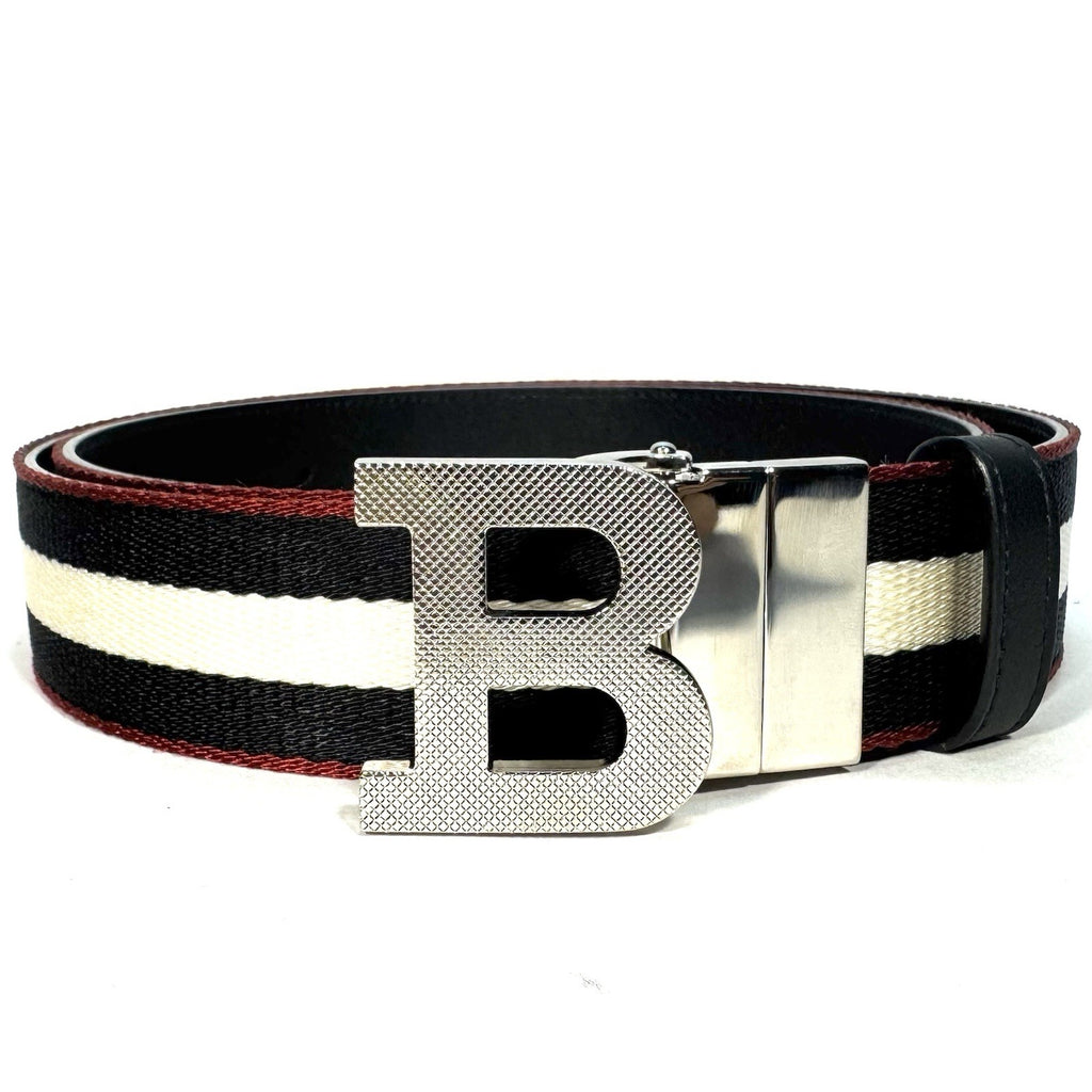 BALLY Mens B Logo Buckle Reversible Stripe Canvas Leather Belt Black (MSRP $380)