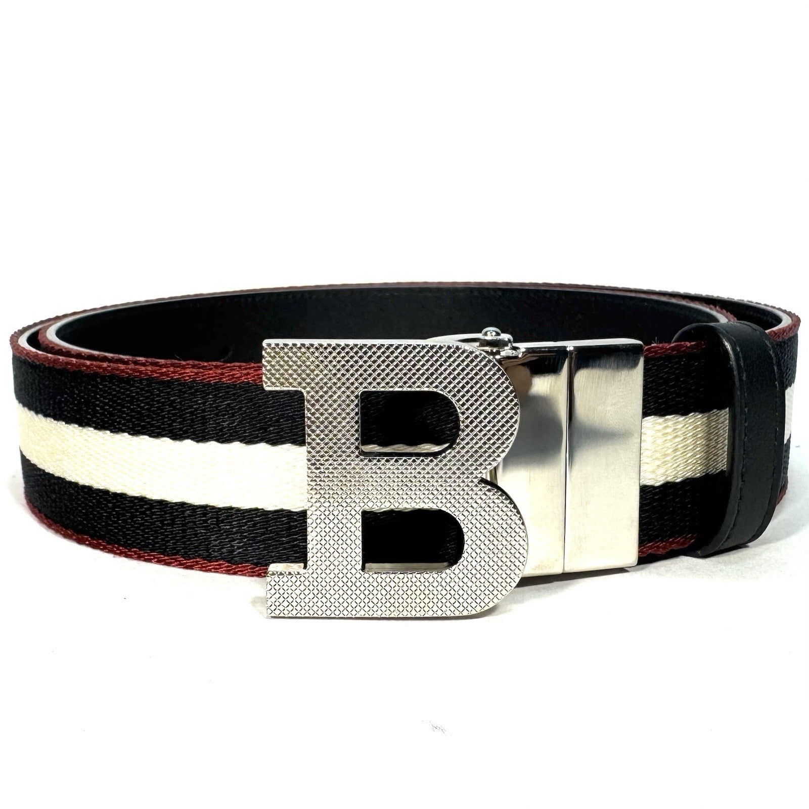 BALLY Mens B Logo Buckle Reversible Stripe Canvas Leather Belt Black (MSRP $380)
