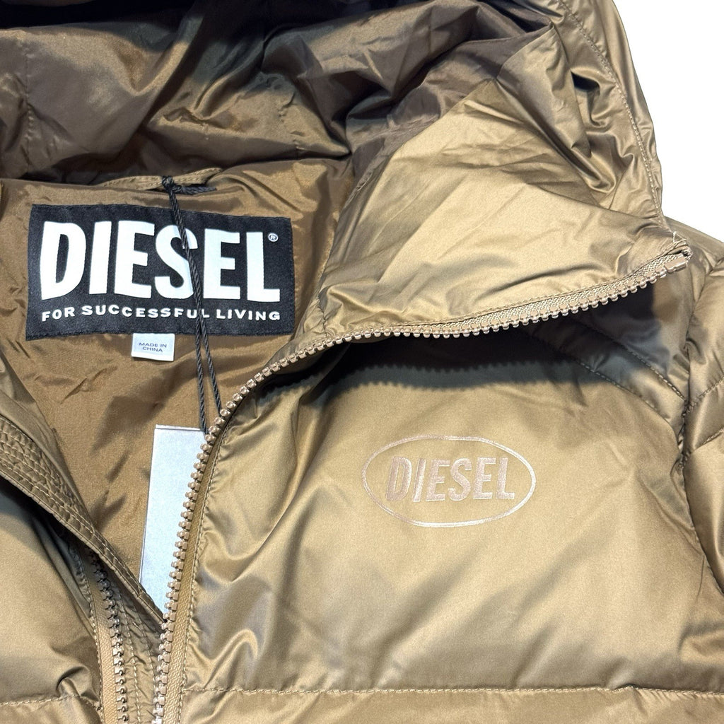 DIESEL Mens New Step Out Logo Puffer Jacket Coat Coffee Tan (MSRP $475)