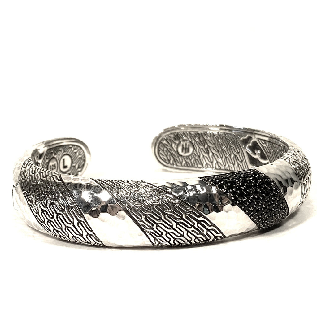 JOHN HARDY Womens .925 Silver Black Sapphire Spinel Hammered Cuff L -MSRP $1,650