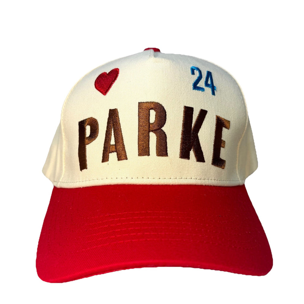 PARKE Womens Logo Heart 24 Embroidered Snapback Trucker Hat Beige Red