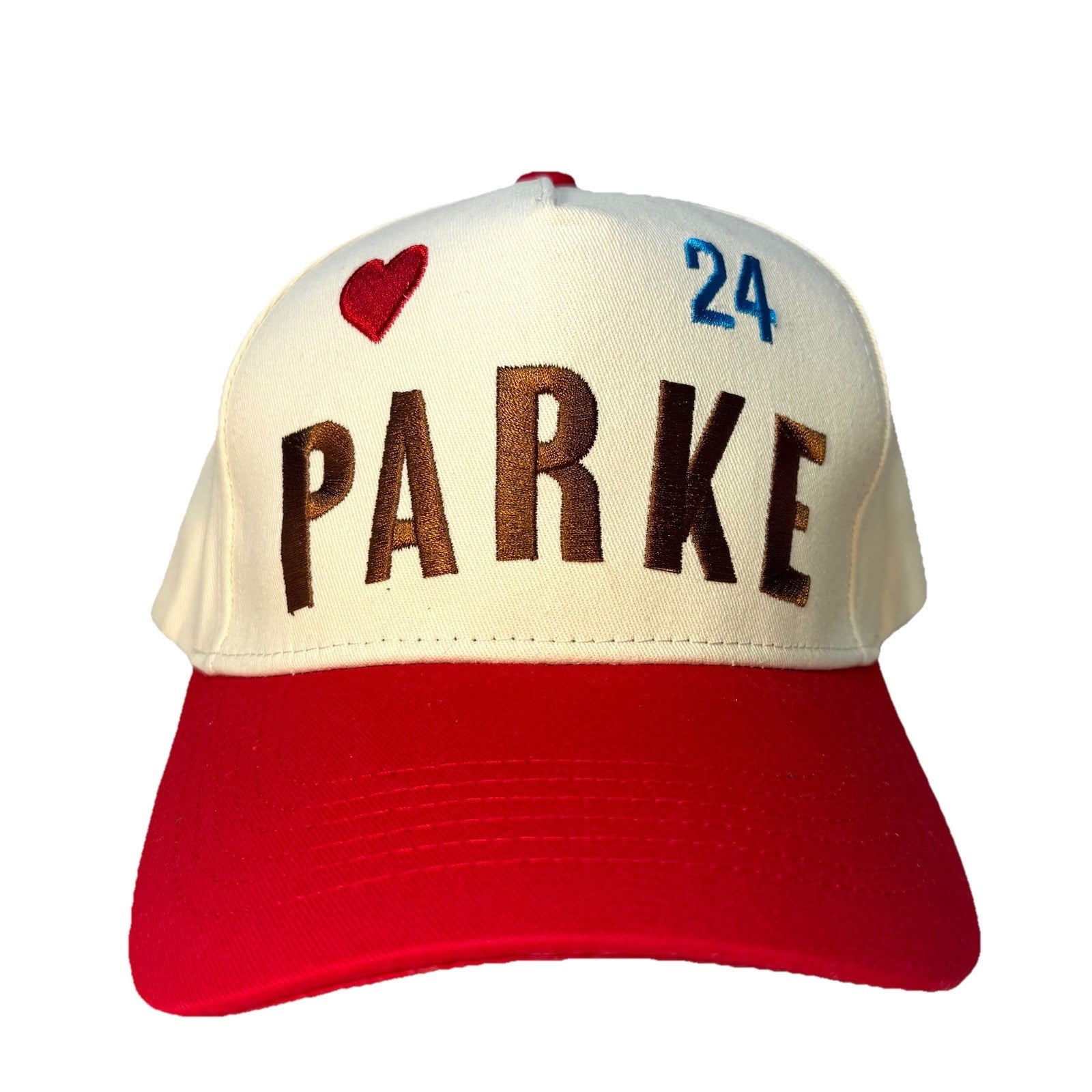 PARKE Womens Logo Heart 24 Embroidered Snapback Trucker Hat Beige Red