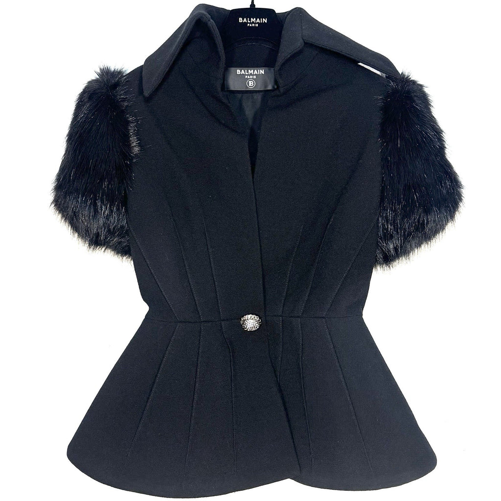 BALMAIN Womens Pleated Wool Crepe Faux Fur Trim Jacket Black 36 (MSRP $5,400)