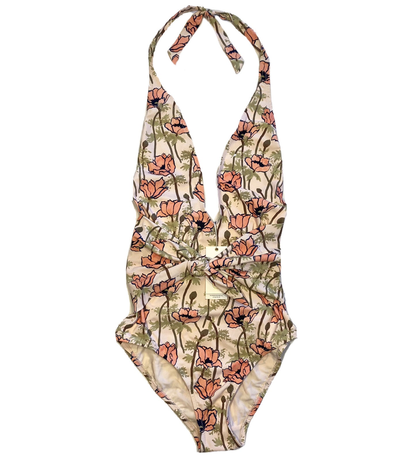 TORY BURCH Poppies Printed Tie Front One Piece Swimsuit Pink Beige (MSRP $218)