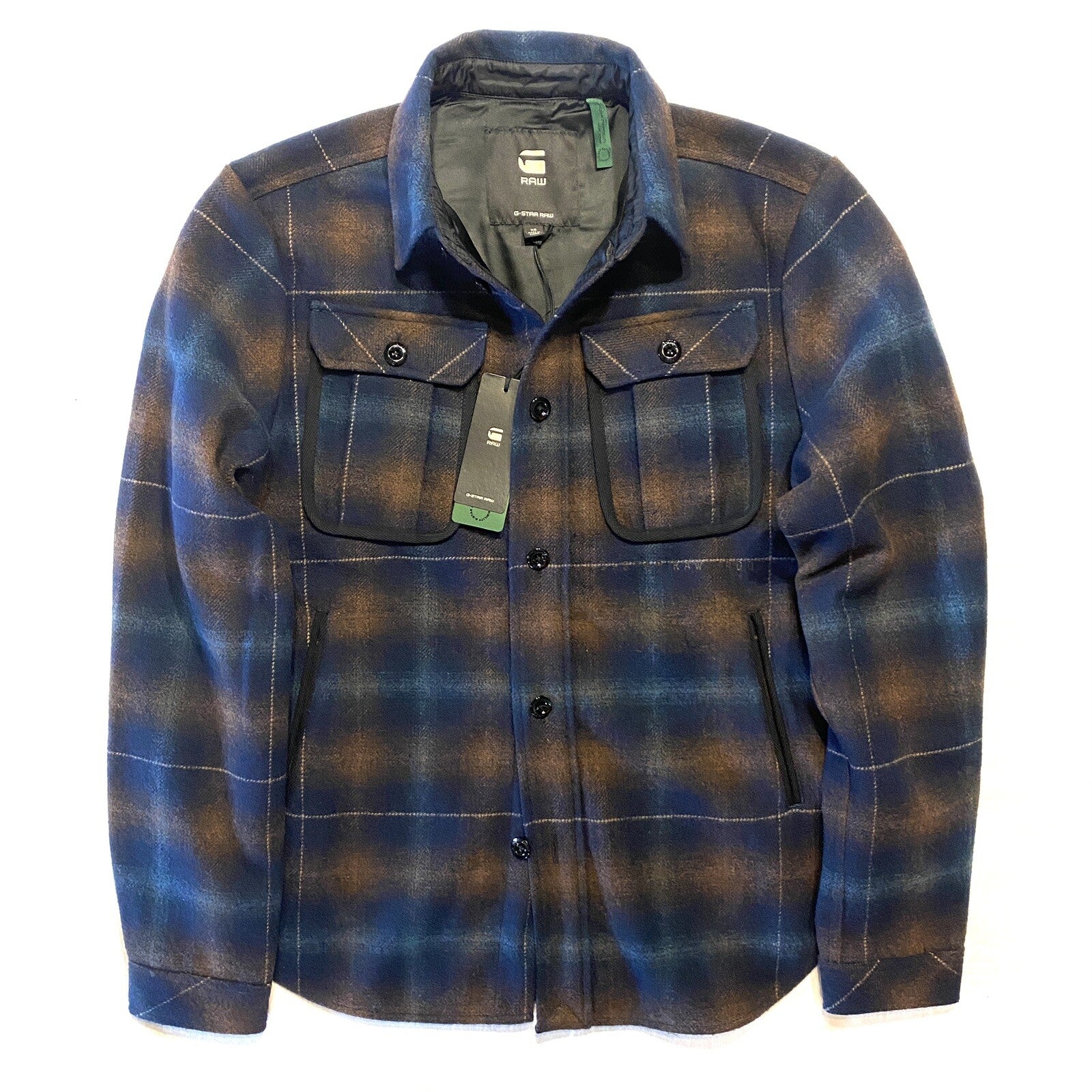 G STAR RAW Mens Stand Collar Wool Overshirt Jacket Plaid Check Blue (MSRP $250)