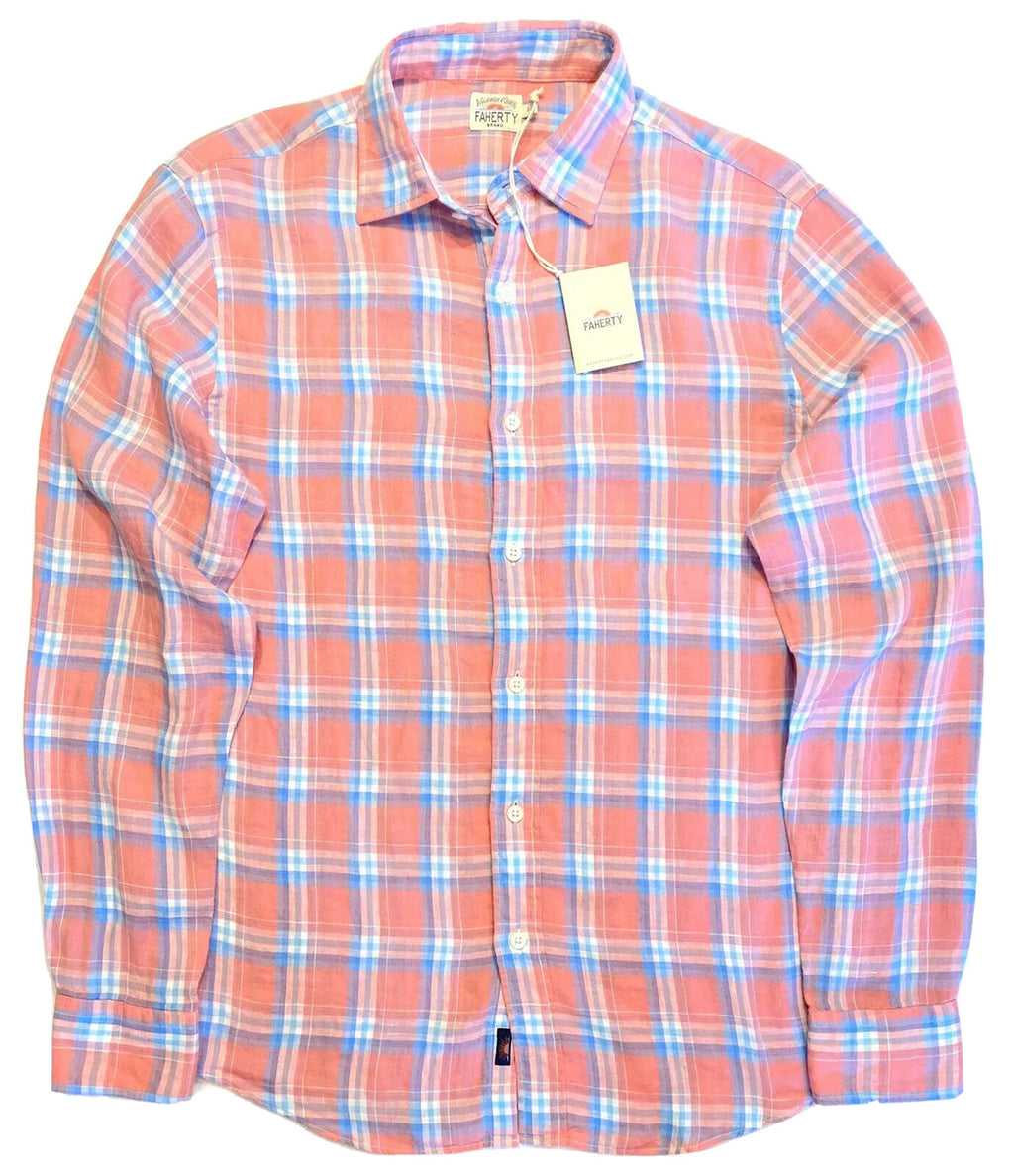 FAHERTY Mens Linen AMK Plaid Check Button Shirt Coral Pink (MSRP $168)