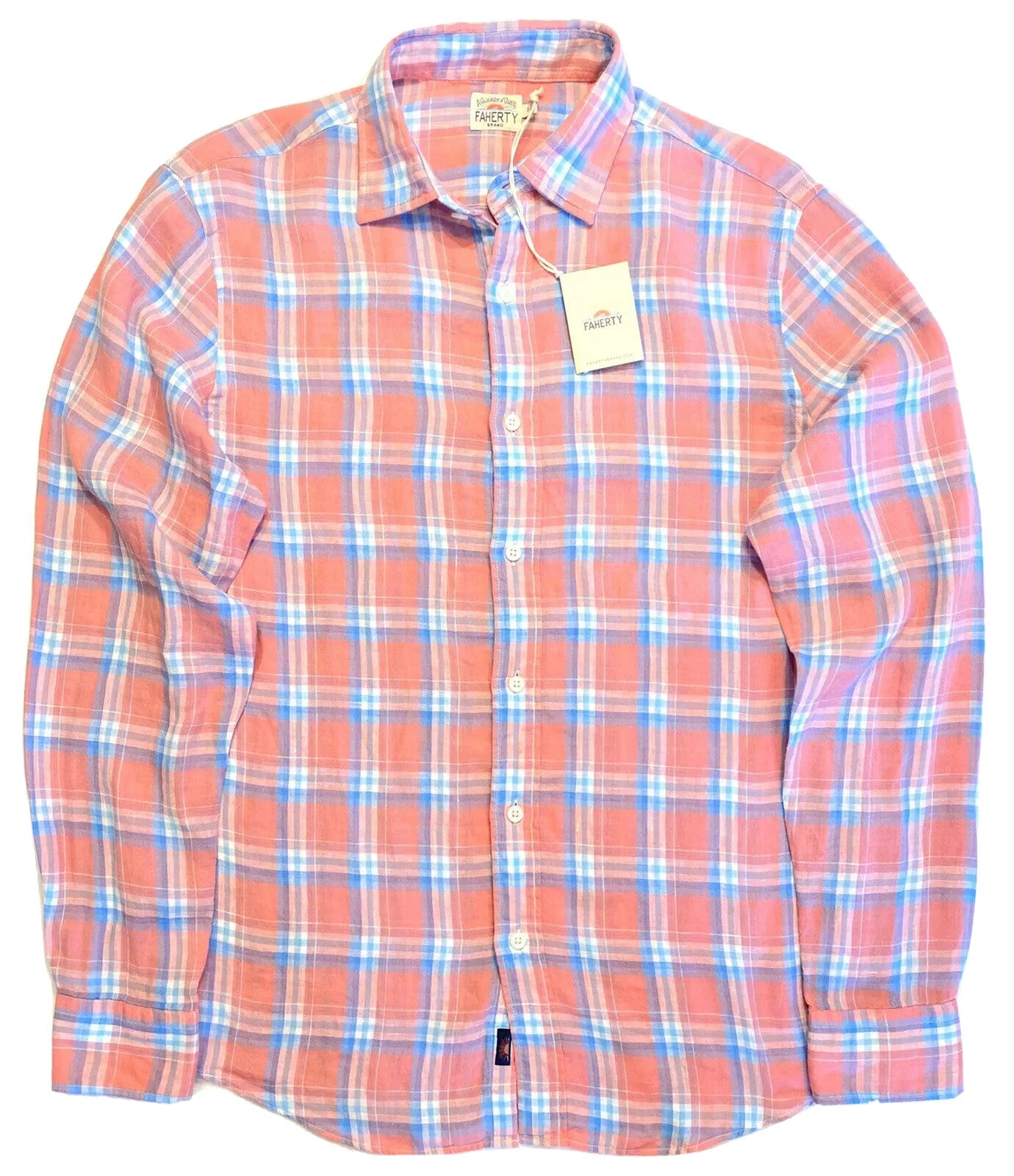 FAHERTY Mens Linen AMK Plaid Check Button Shirt Coral Pink (MSRP $168)
