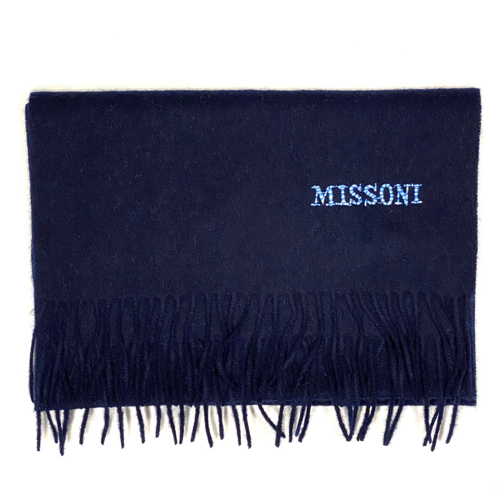 MISSONI Mens Womens Wool Fringe Scarf Blue Logo Navy Gray Beige