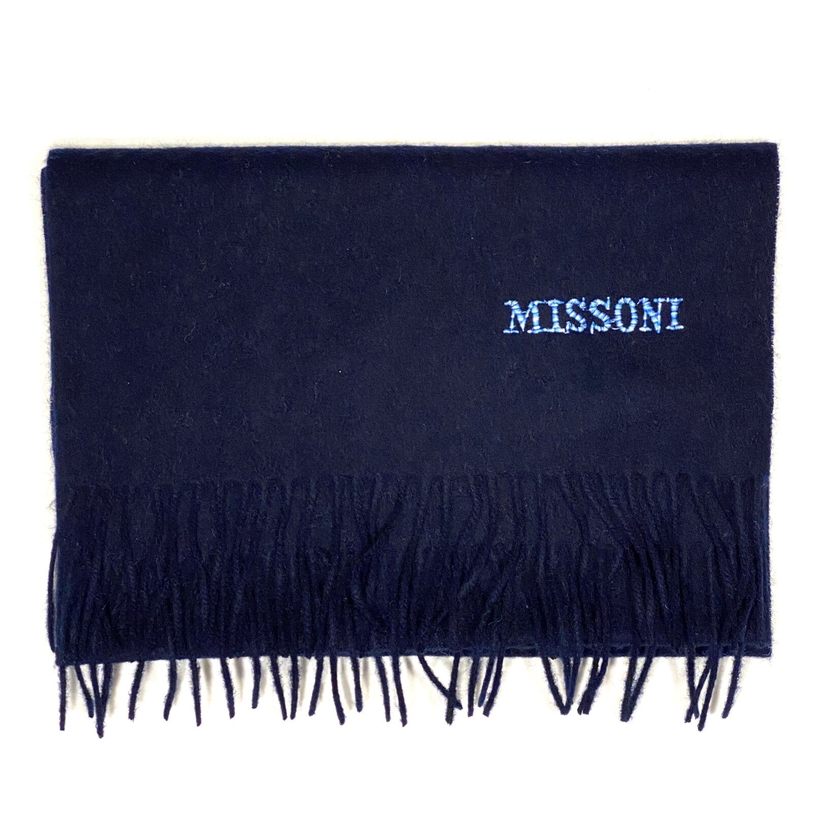 MISSONI Mens Womens Wool Fringe Scarf Blue Logo Navy Gray Beige
