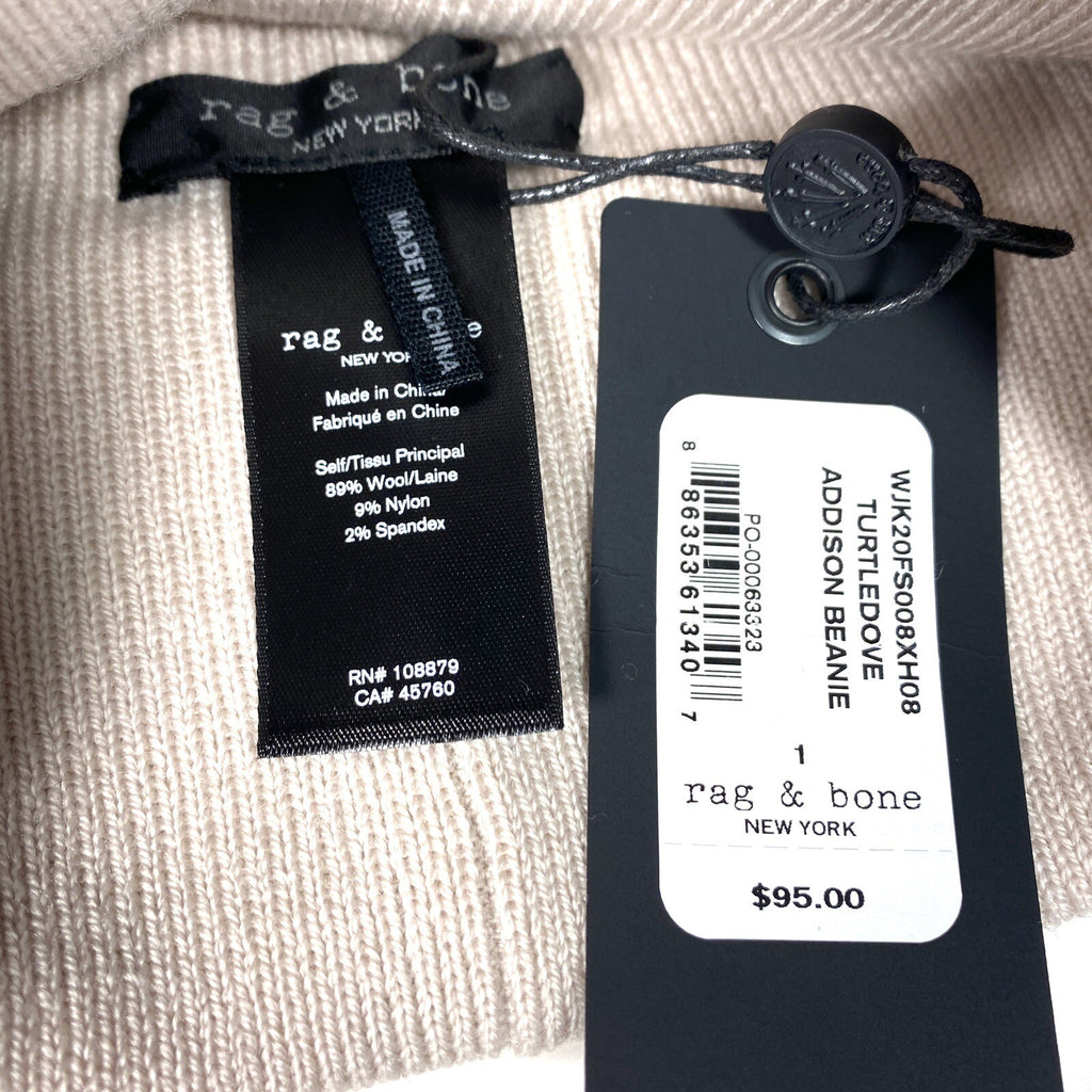RAG & BONE Addison Logo Merino Wool Blend Beanie Hat Turtledove Grey (MSRP $95)