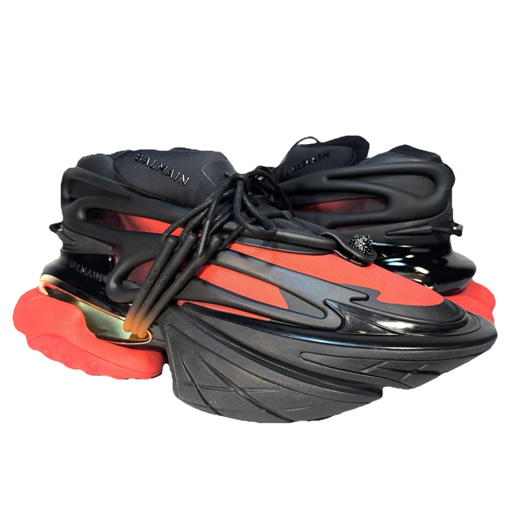 BALMAIN Mens Unicorn Neoprene Leather Low Top Sneakers Red Black (MSRP $1,295)