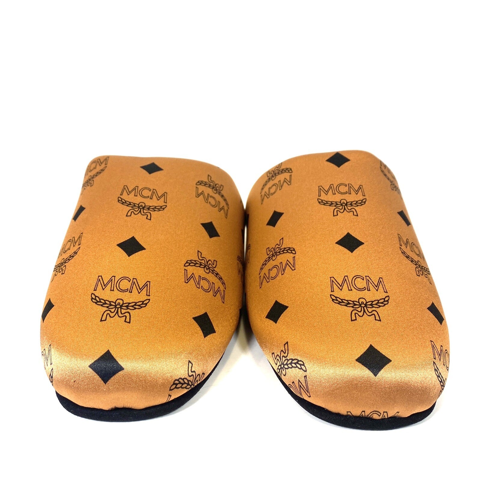 MCM Unisex Visetos Logo Silk Room Slippers Cognac Brown (MSRP $260)