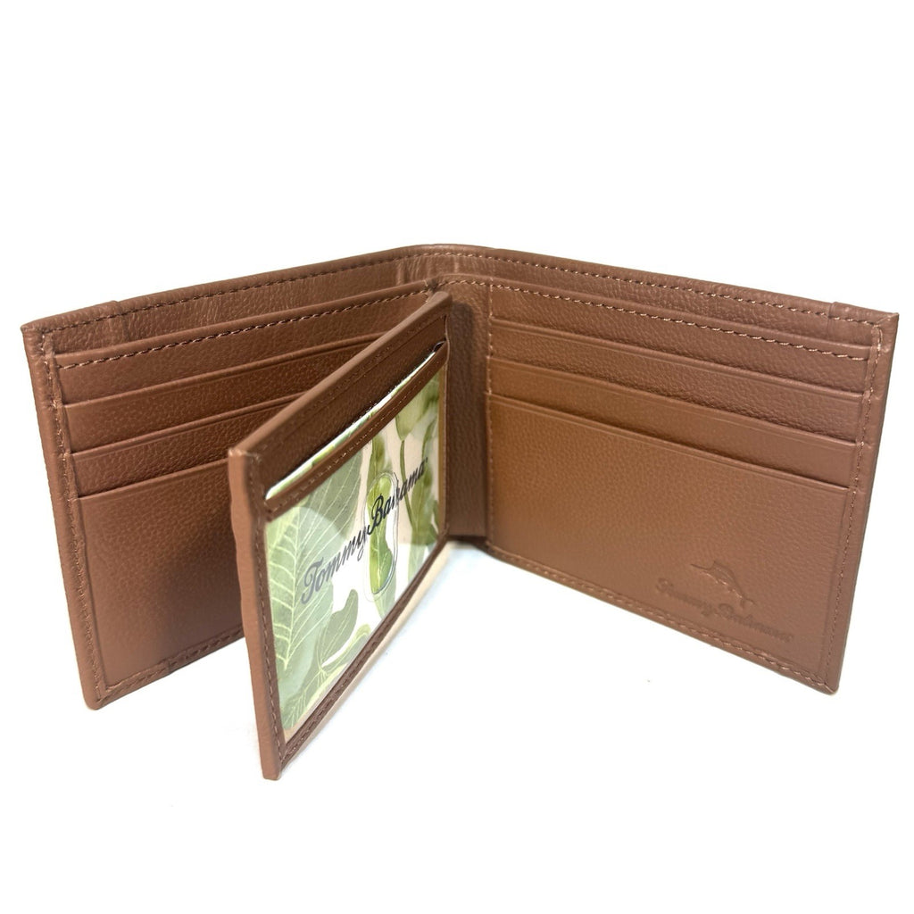TOMMY BAHAMA Mens Basket Weave Embossed Bifold Leather Wallet Tan (MSRP $80)