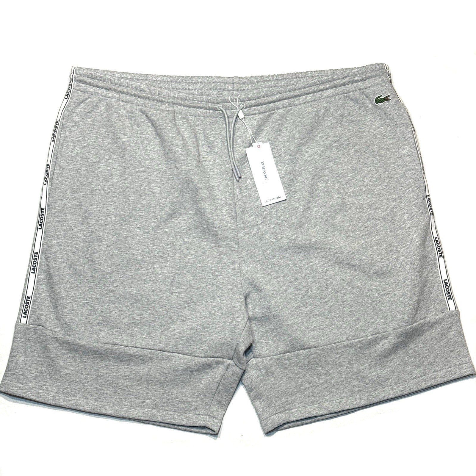 LACOSTE Mens Big and Tall Logo Stripe Fleece Sweat Shorts Grey (MSRP $90)