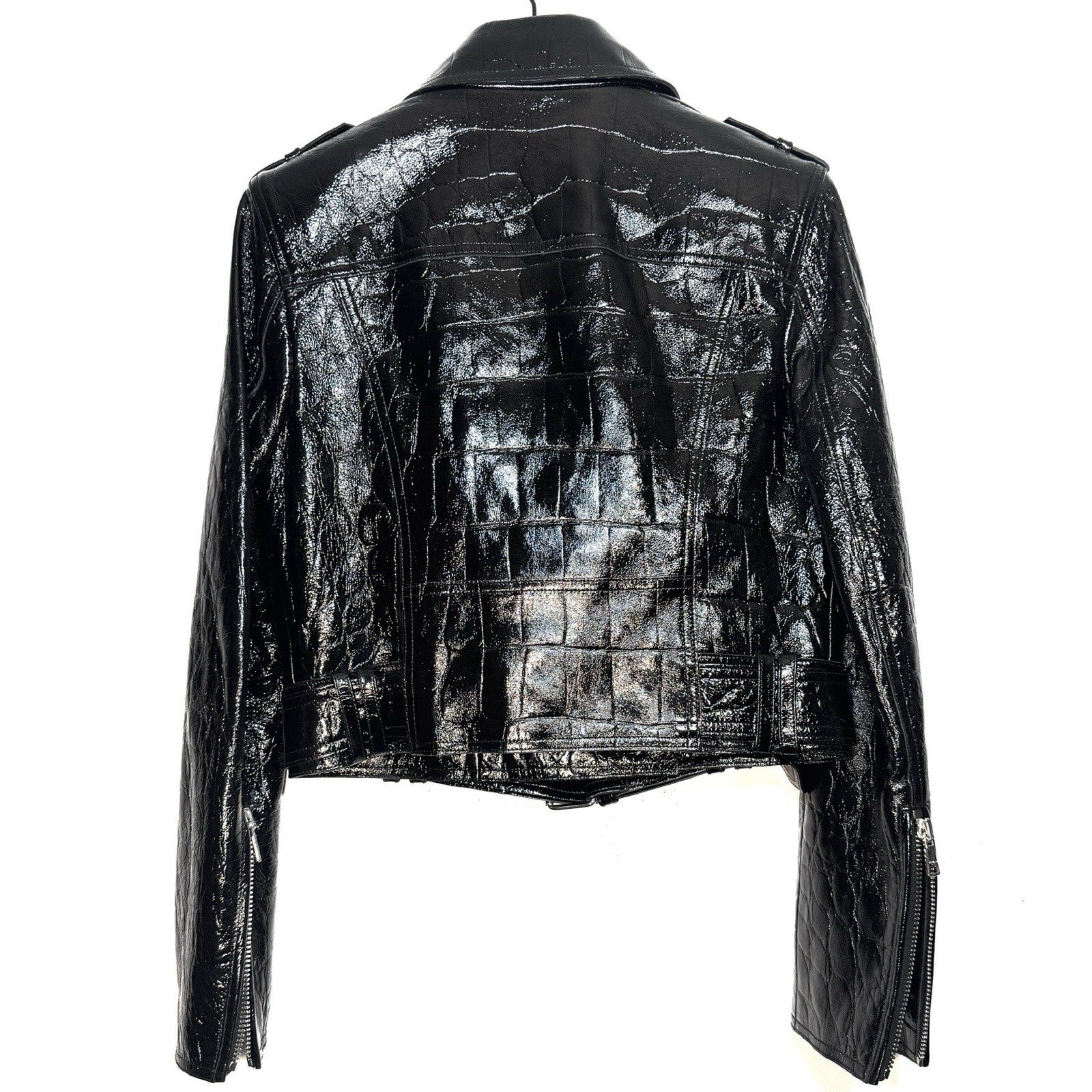 BALMAIN Womens Croc Embossed Leather Motorcycle Biker Jacket Black (MSRP $4,590)