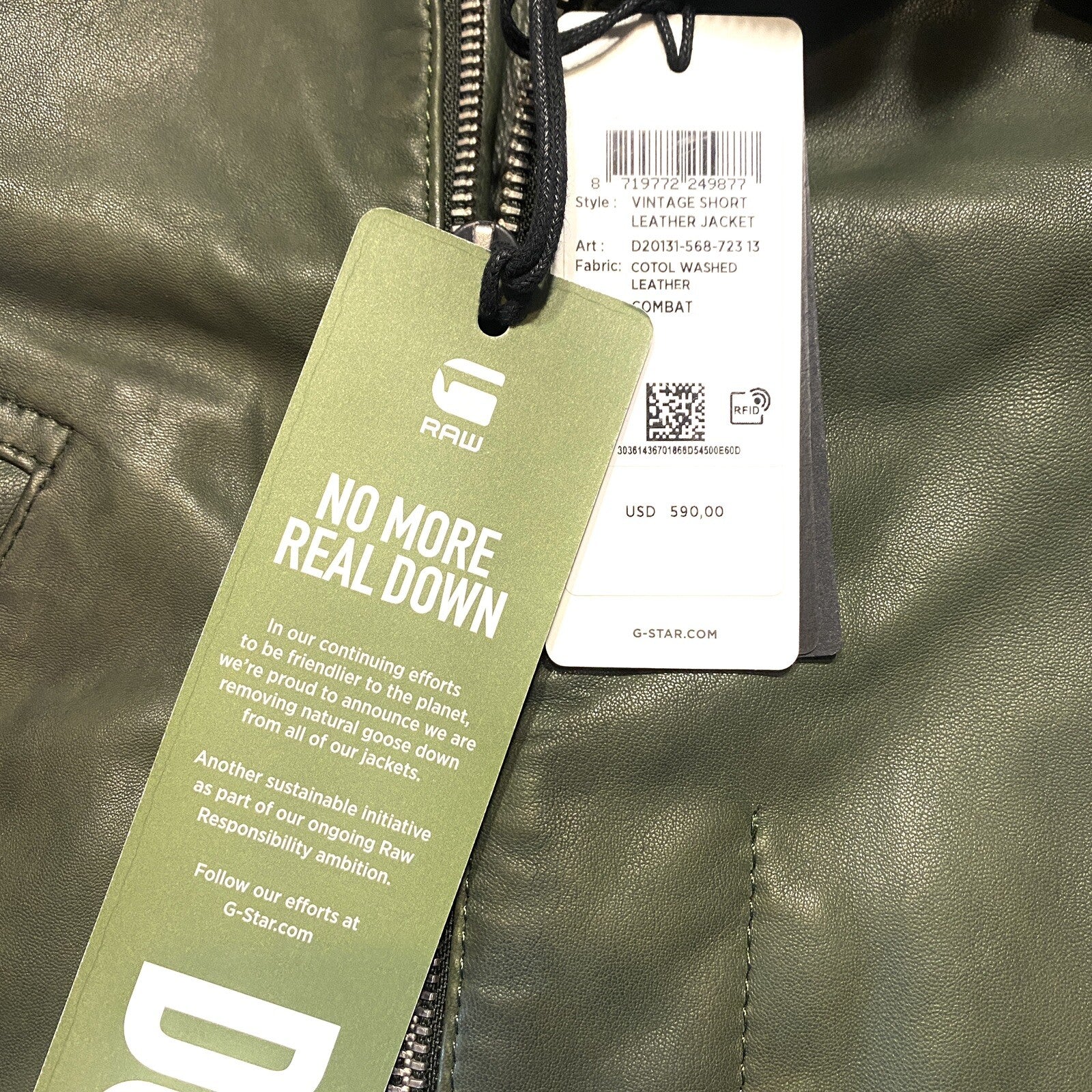 G STAR RAW Womens Vintage Short Leather Zip Jacket Coat Combat Green (MSRP $590)