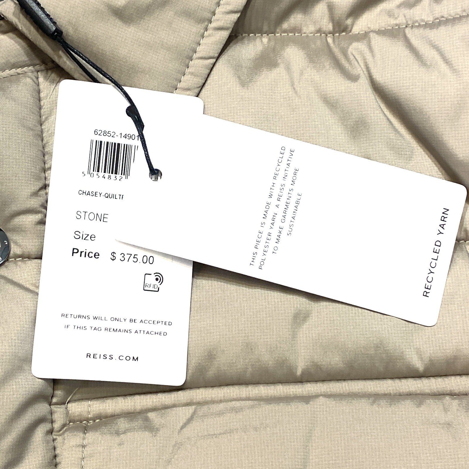 REISS Mens Chasey Light Quilted Puffer Jacket Stone Beige (MSRP $375)