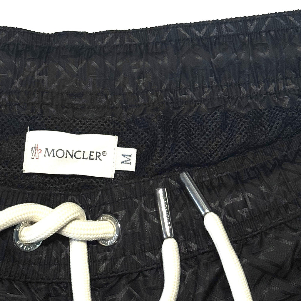 MONCLER Mens Satin Jacquard Logo Swim Trunks Shorts Black M (MSRP $530)