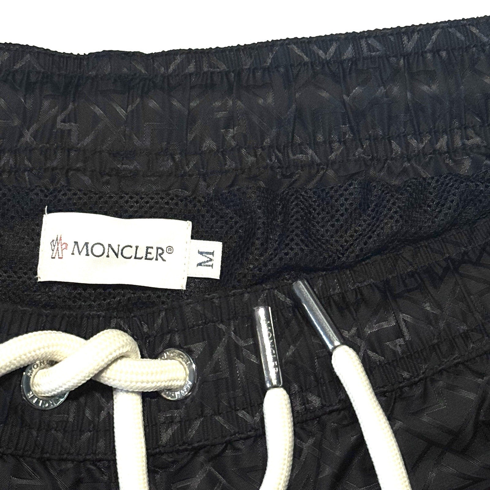 MONCLER Mens Satin Jacquard Logo Swim Trunks Shorts Black M (MSRP $530)