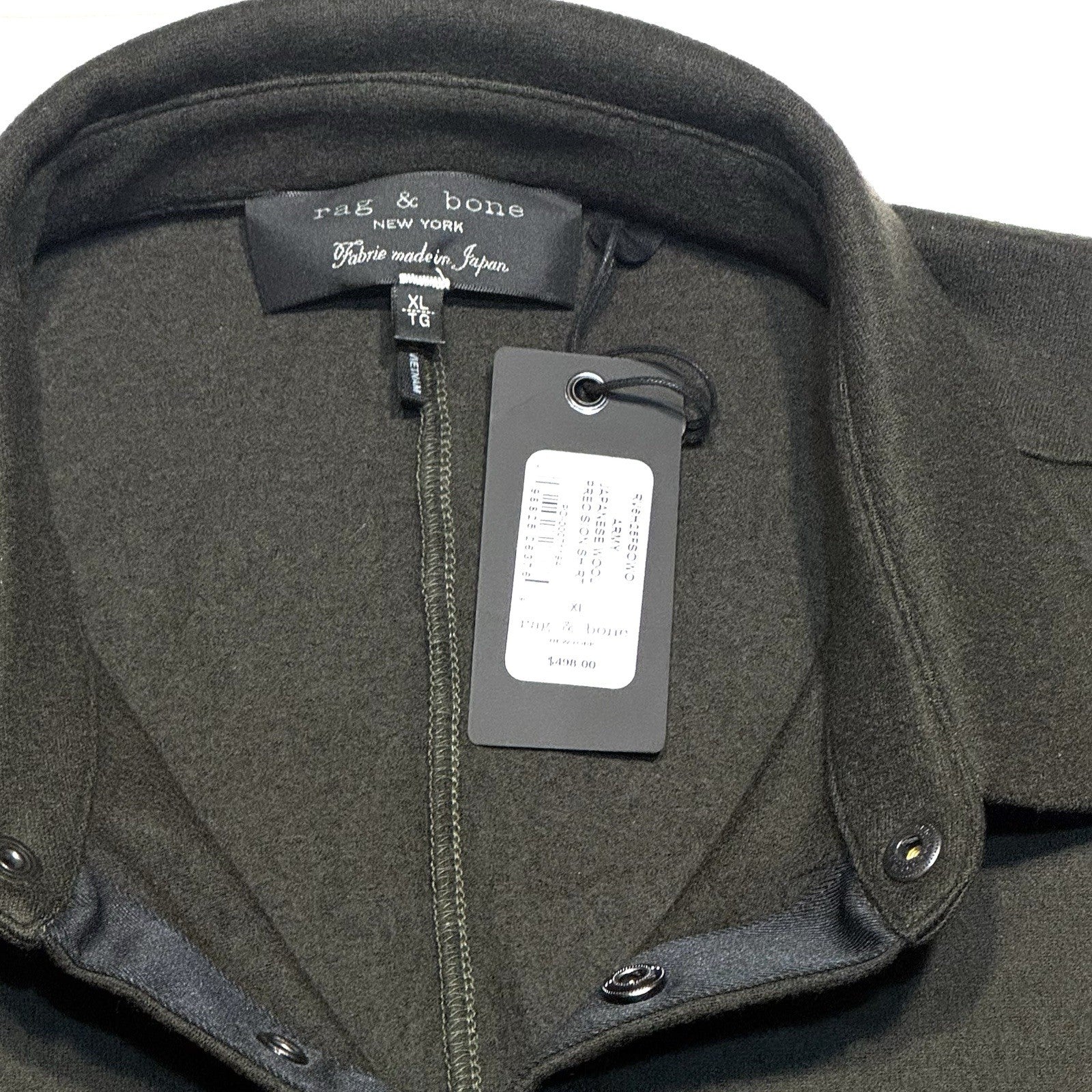 RAG & BONE Mens Japanese Wool Precision Snap Over Shirt Army Green XL -MSRP $498