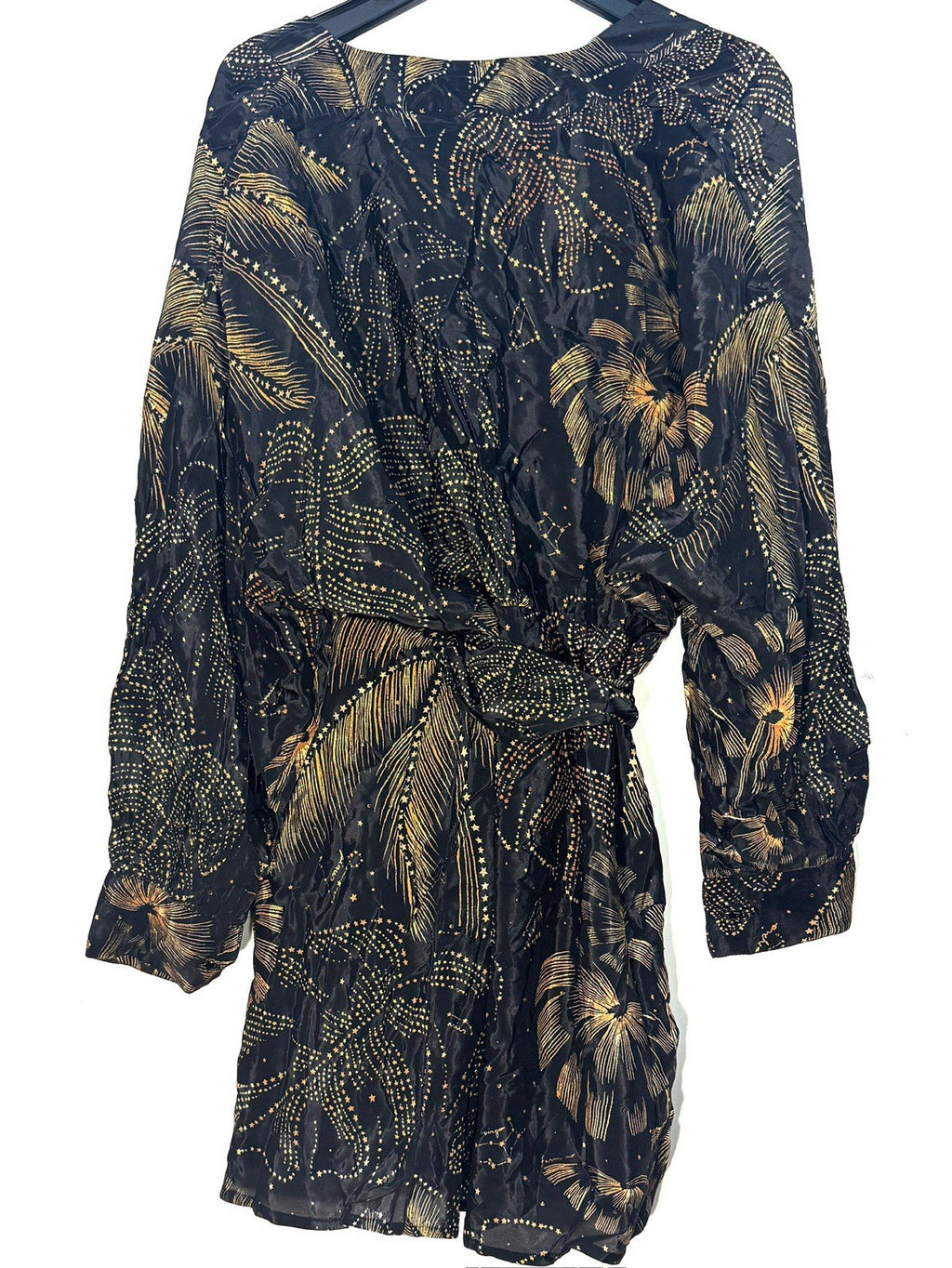 FARM RIO Womens Golden Foliage Puffy Sleeve Wrap Mini Dress Black L (MSRP $298)