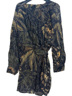 FARM RIO Womens Golden Foliage Puffy Sleeve Wrap Mini Dress Black L (MSRP $298)