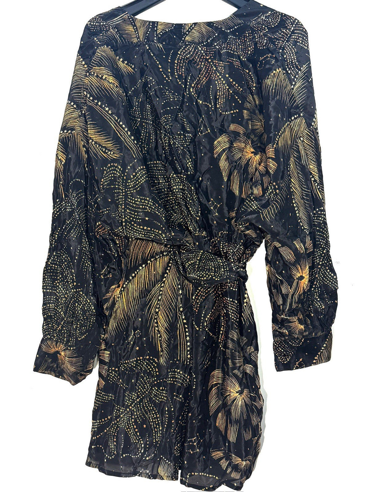 FARM RIO Womens Golden Foliage Puffy Sleeve Wrap Mini Dress Black L (MSRP $298)