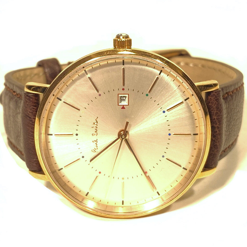 PAUL SMITH Mens Leather Strap Stainless Date Watch Brown Bronze 38mm (MSRP $325)
