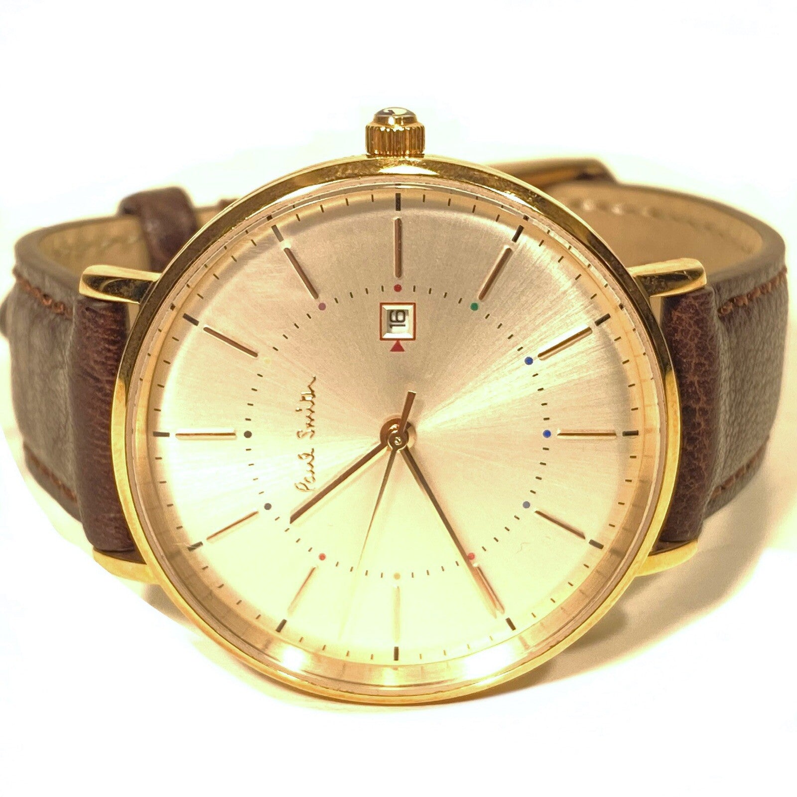 PAUL SMITH Mens Leather Strap Stainless Date Watch Brown Bronze 38mm (MSRP $325)