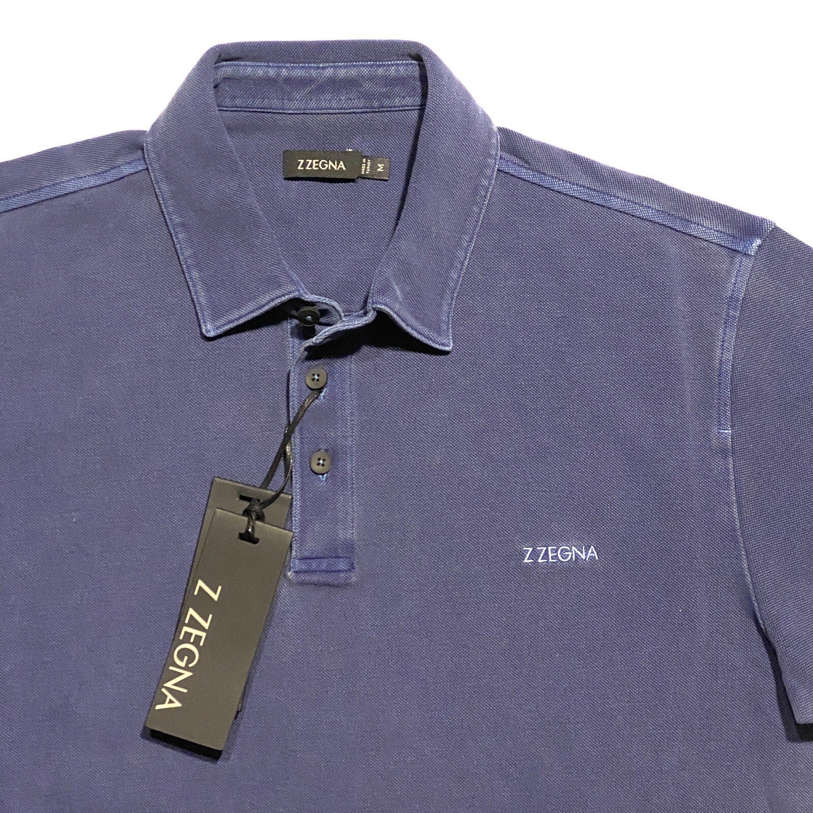 Z ZEGNA Mens Garment Dyed Logo Short Sleeve Pique Polo Shirt Blue