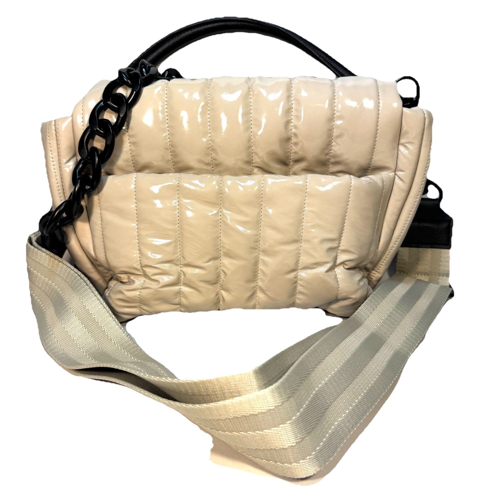 THINK ROYLN Bar Quilted Shoulder Crossbody Bag Patent Blonde Taupe (MSRP $168)