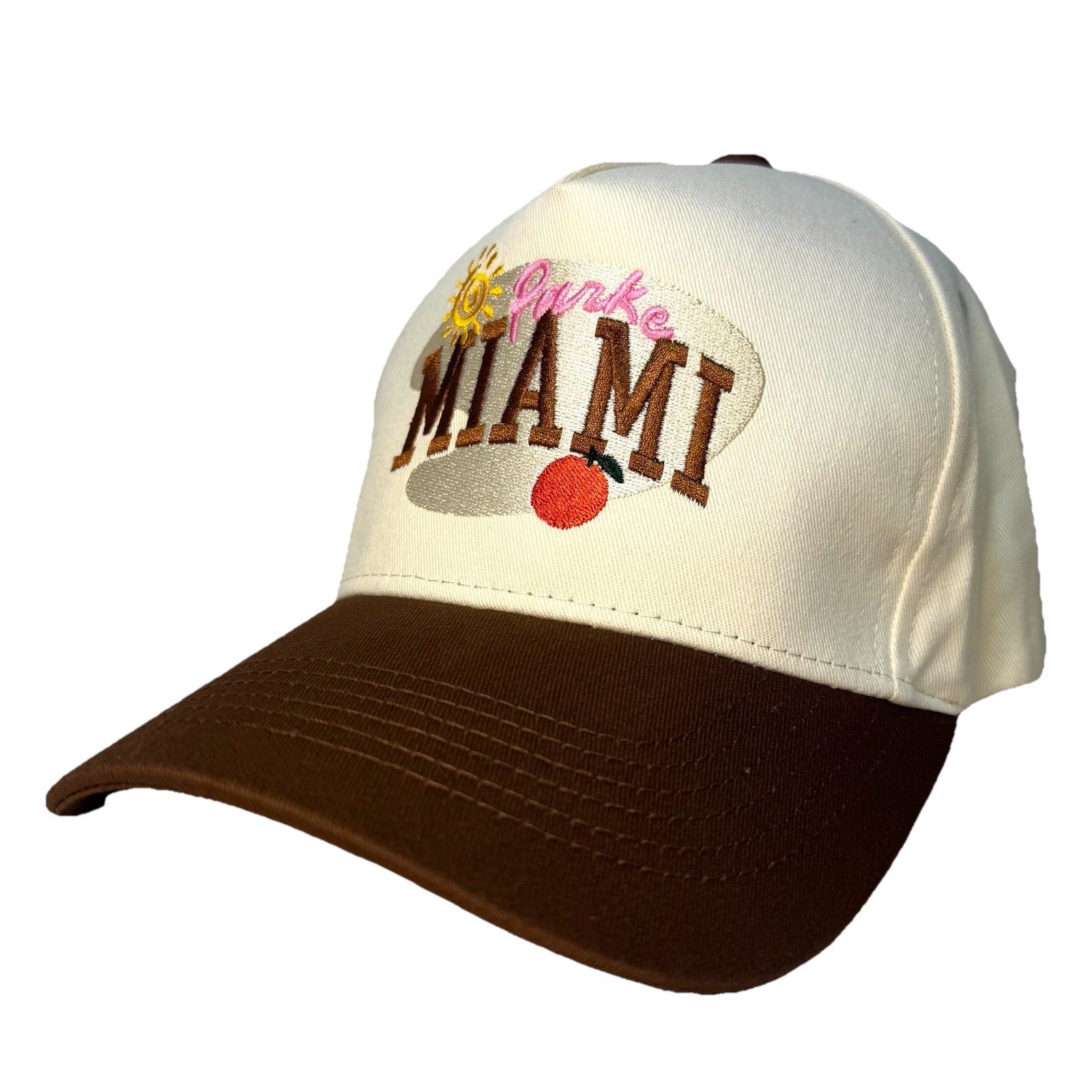PARKE Womens Miami Logo Embroidered Snapback Trucker Hat Beige