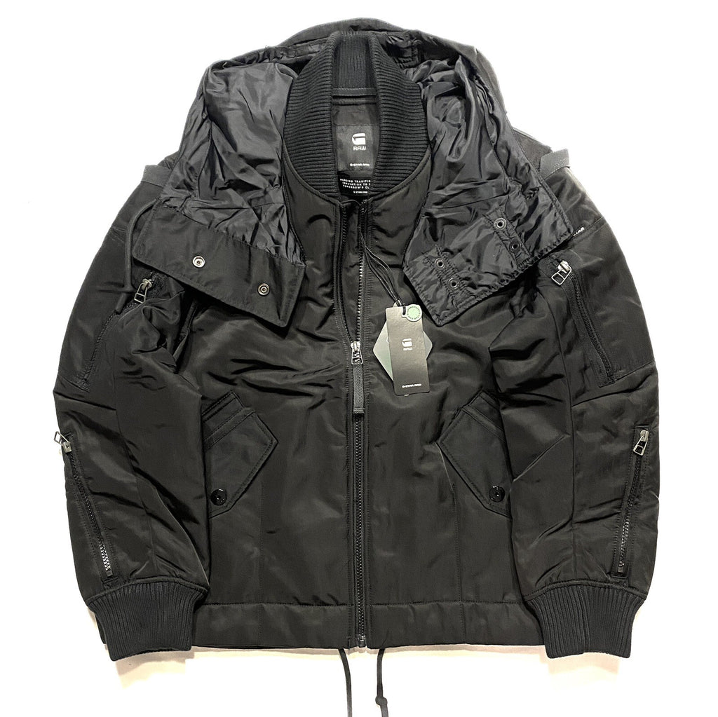 G STAR RAW Mens Multi Pocket Hooded Bomber Jacket Coat Black (MSRP $310)