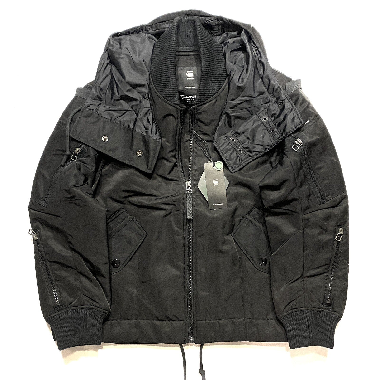 G STAR RAW Mens Multi Pocket Hooded Bomber Jacket Coat Black (MSRP $310)