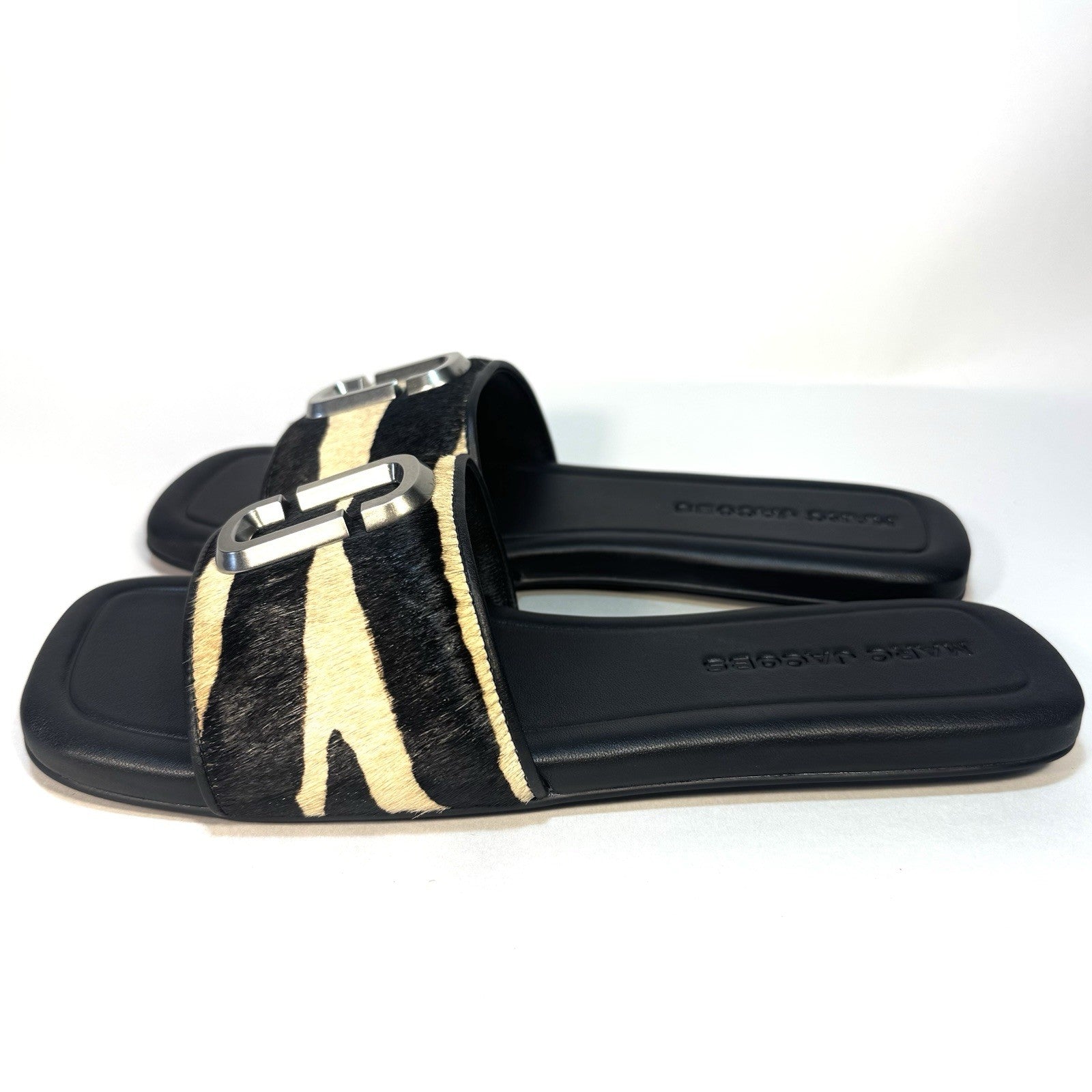 MARC JACOBS Womens J Logo Zebra Pony Hair Slide Sandals Black (MSRP $250)