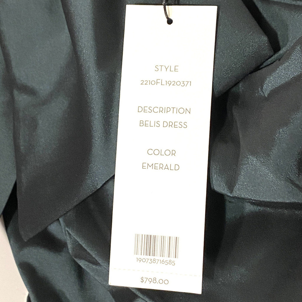 VERONICA BEARD Belis Taffeta Shoulder Bow Ruched Dress Emerald Green (MSRP $798)