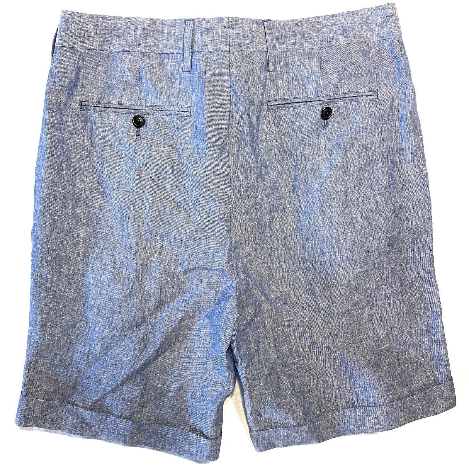 TODD SNYDER Mens Linen Chambray Madison Cuff Shorts Light Blue (MSRP $178)
