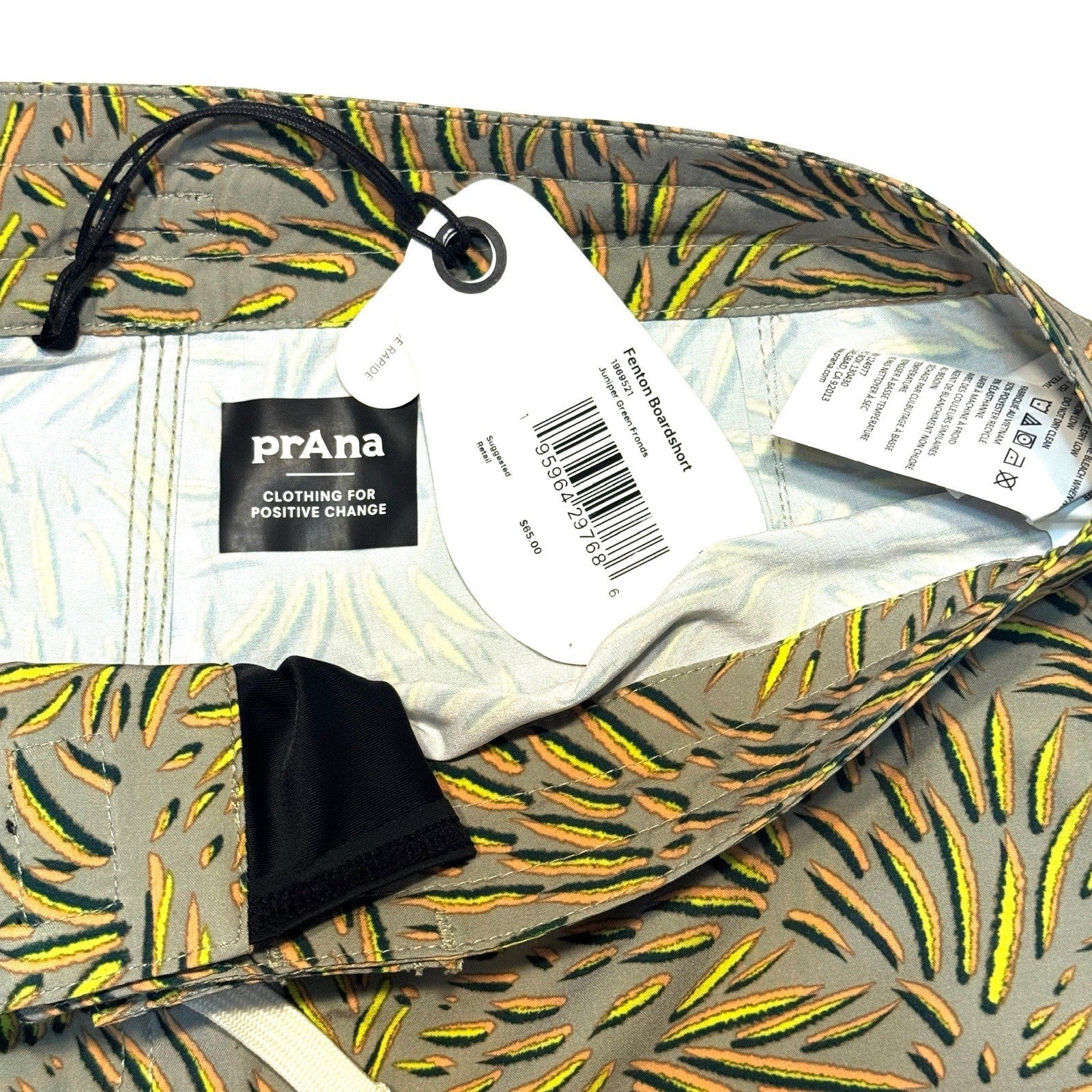 PRANA Mens 7in Fenton Board Shorts Swim Trunks Juniper Fronds Green (MSRP $65)