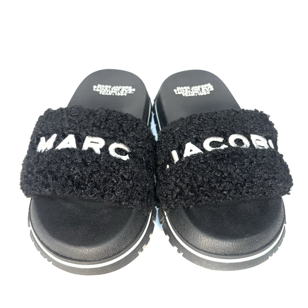MARC JACOBS Womens The Slide Spellout Logo Teddy Sandals Black (MSRP $195)
